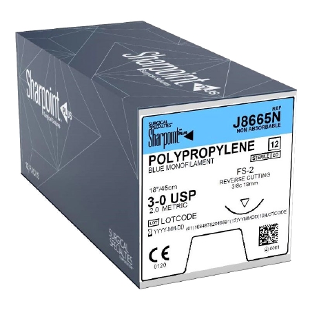 Suture with Needle Surgical Specialties™ Nonabsorbable Uncoated Blue Suture Monofilament Polypropylene Suture Size 3 - 0 18 Inch Suture 1-Needle 18 mm Length 3/8 Circle Precision Reverse Cutting Needle DS18 FS-2 ** by Angiotech - Look Division - Surgical 